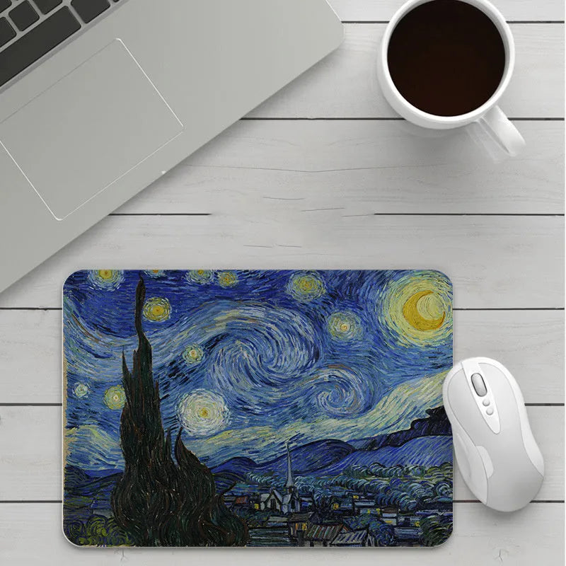 Custom cartoon thickening mouse pad on a desk, showing a colourful design with black stitched edge.