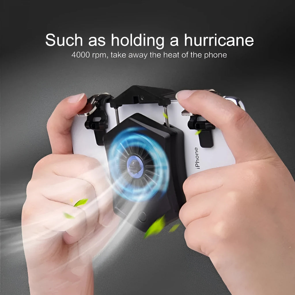 Black and white USB mobile phone radiator with aluminium cooling fins and 30mm fan measuring 66mm square