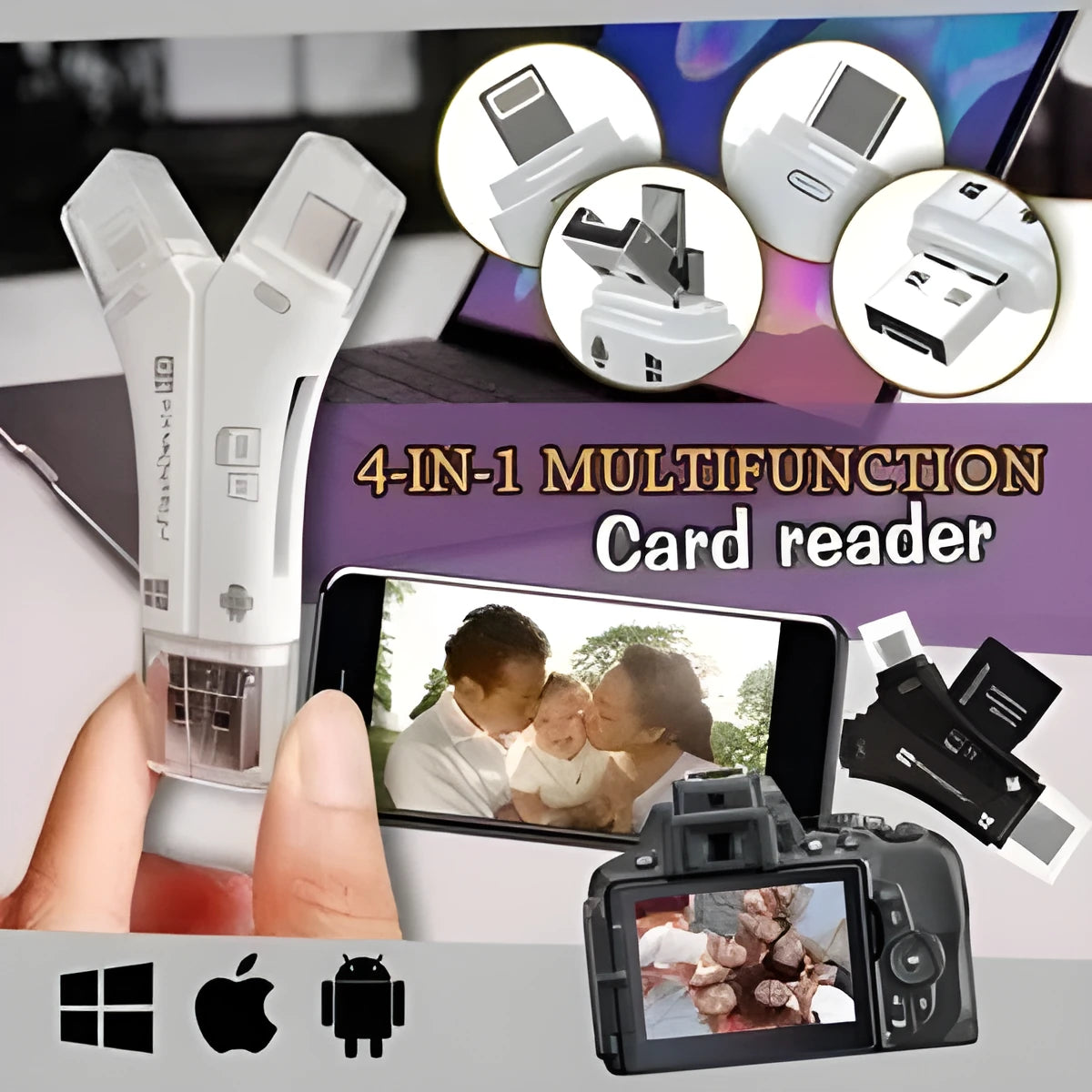 White NK908 4-in-1 mobile card reader with Lightning, USB, Type-C, and MicroUSB ports next to an SD card.