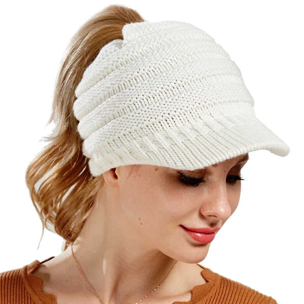 Women's acrylic knitted ponytail beanie hat in multiple colour options