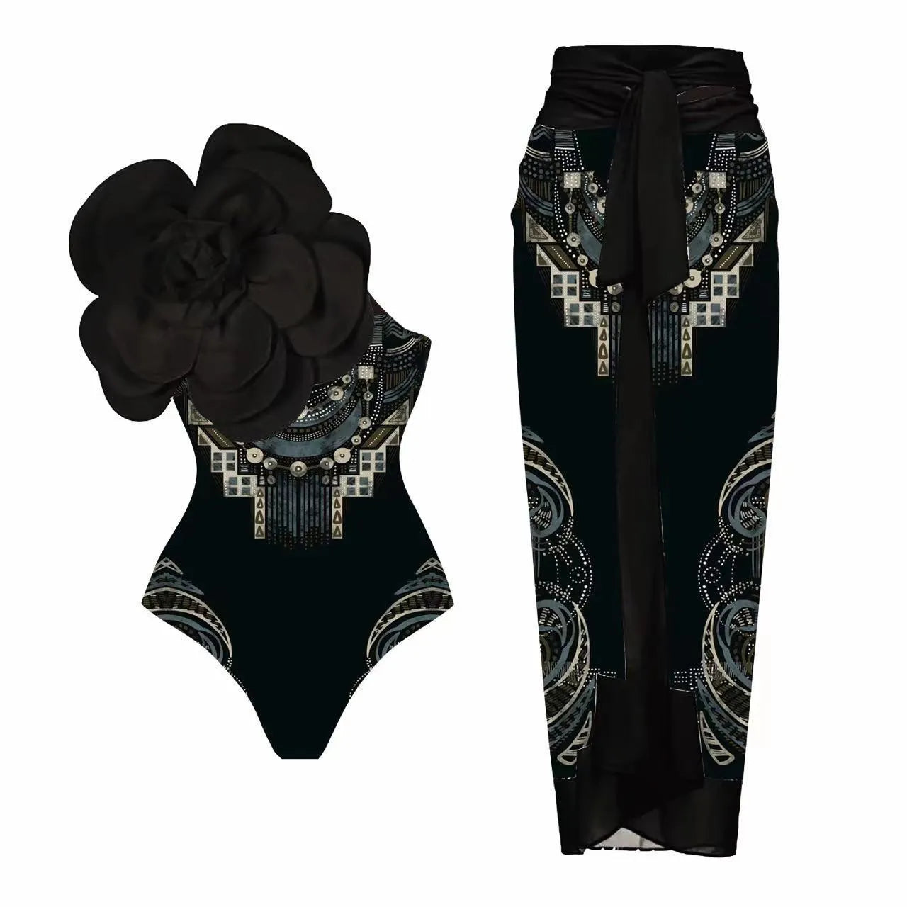 Women's floral print one-piece swimsuit with optional wrapped skirt