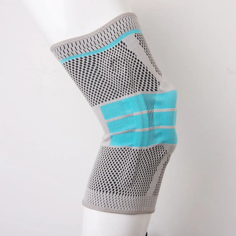 Sky blue silicone running basketball knee pads with elastic fibre construction in S, M, L, XL sizes