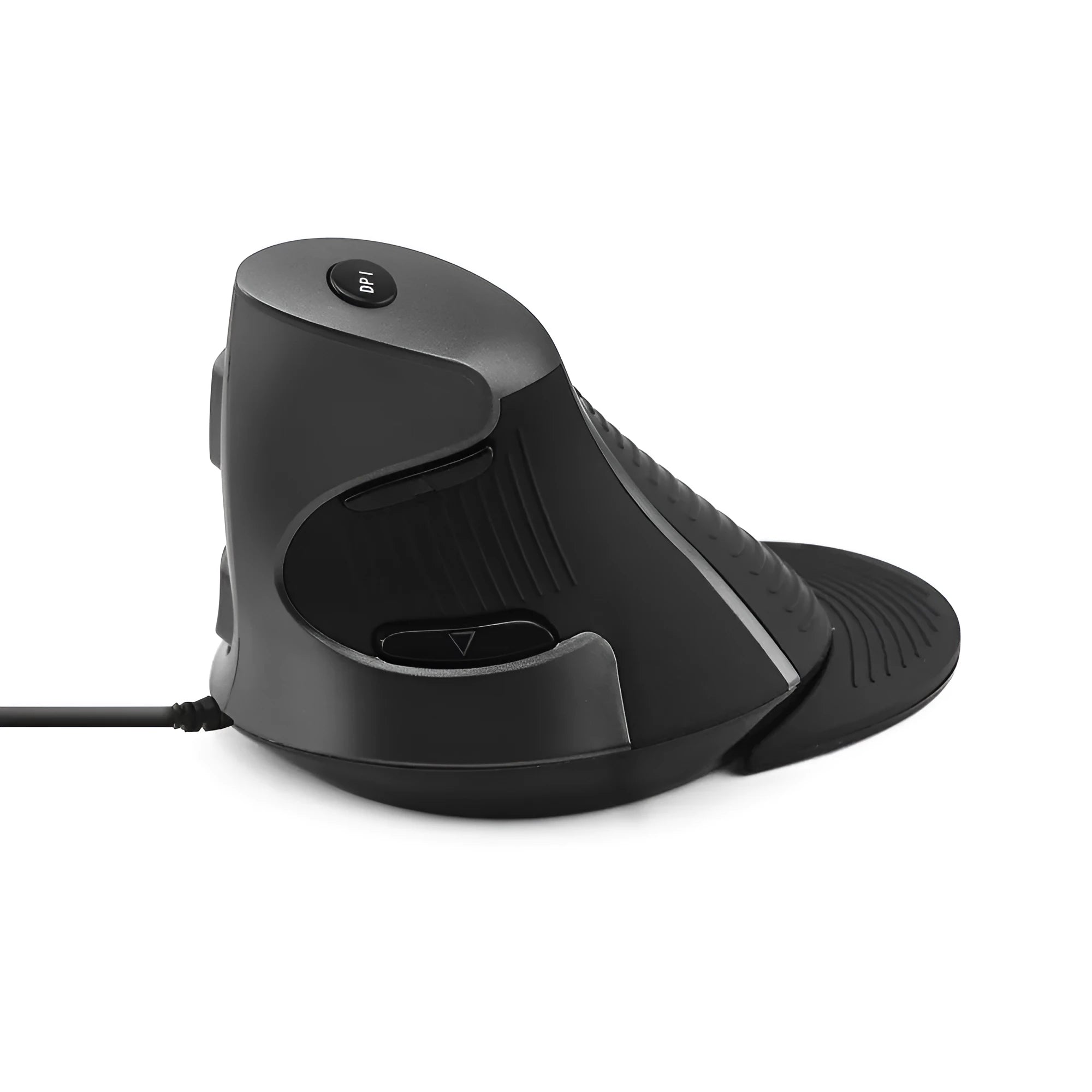 Black and white ergonomic vertical wired mouse for desktop computers showing side profile.