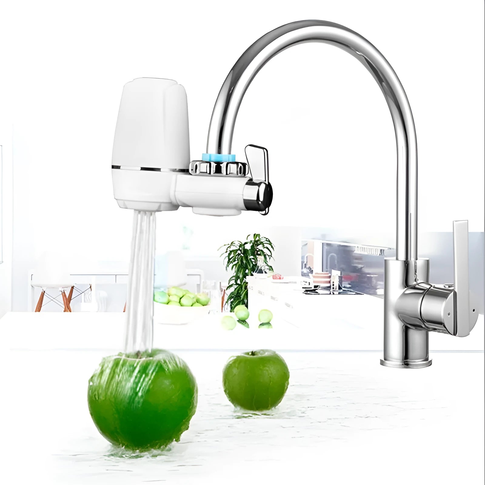 White plastic kitchen tap water filter with ceramic cartridge and installation adapters