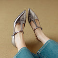 Women's gun colour genuine leather Mary Jane pumps with a chunky heel and pointed toe.