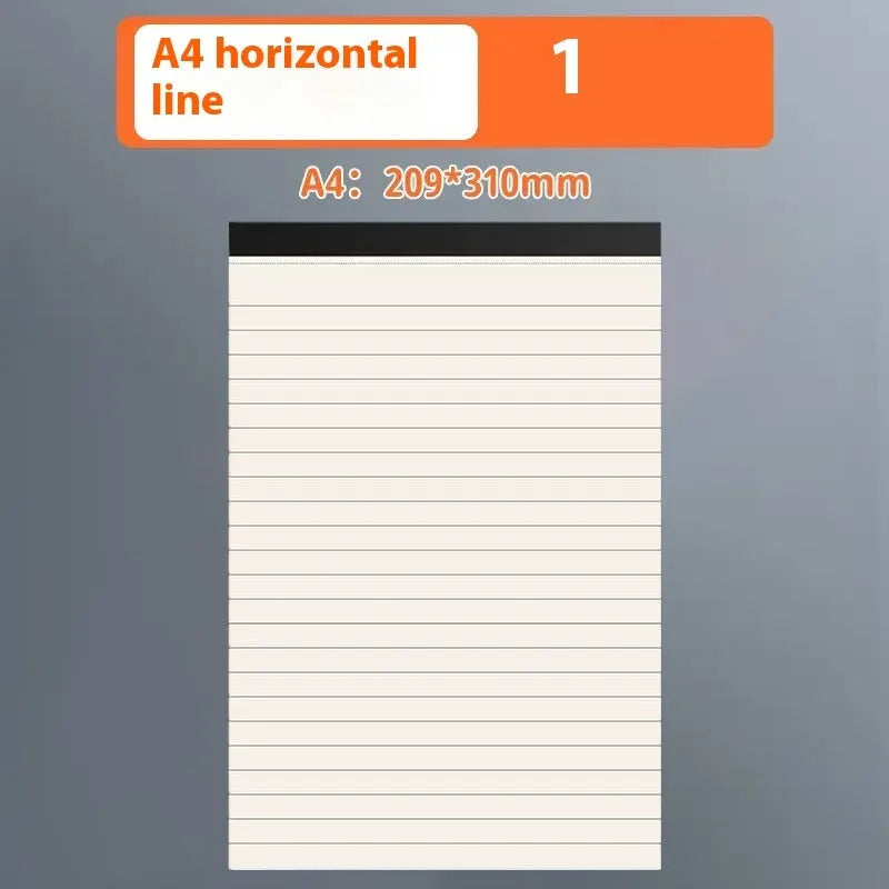 A5, B5, and A4 writing pads with tearable pages in blank, grid, and lined rulings
