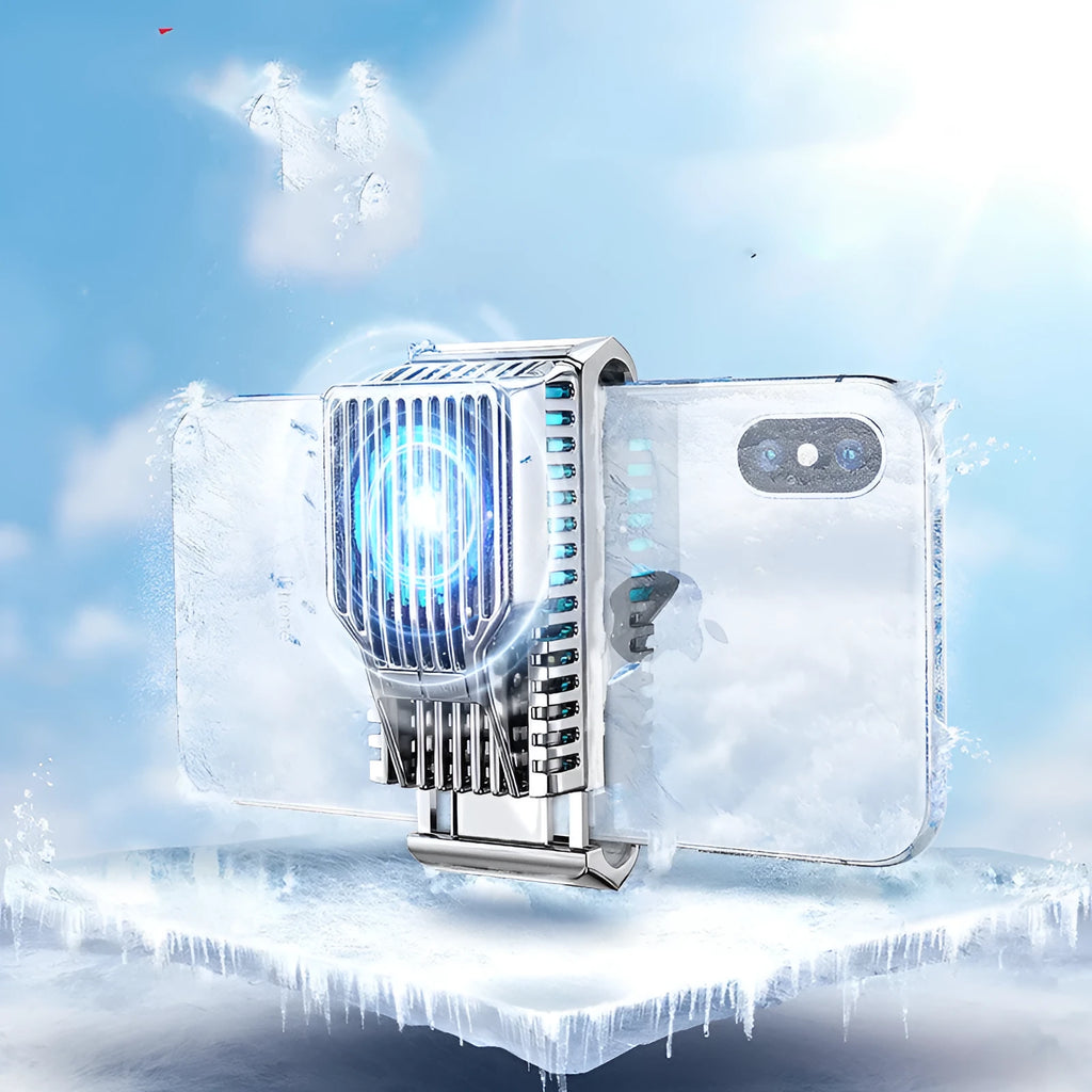 Black mobile phone cooling radiator with aluminium heatsink and clip, shown with USB cable.