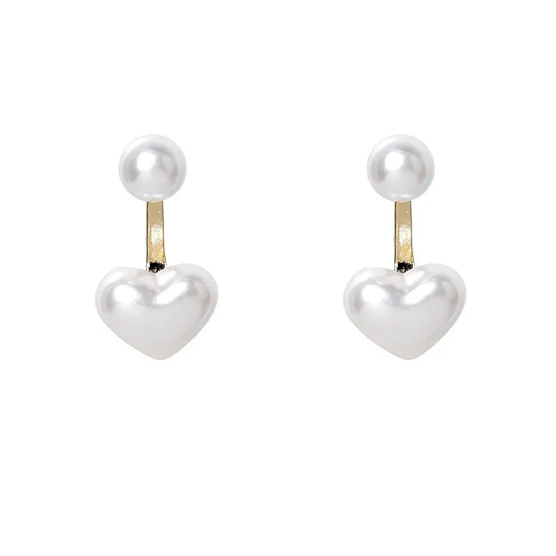Heart-shaped Korean style stud earrings with electroplated alloy and artificial pearl accents