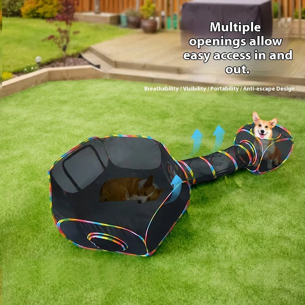 Foldable mesh cat roll cage showing hexagonal, tent and tee shape options for feline play