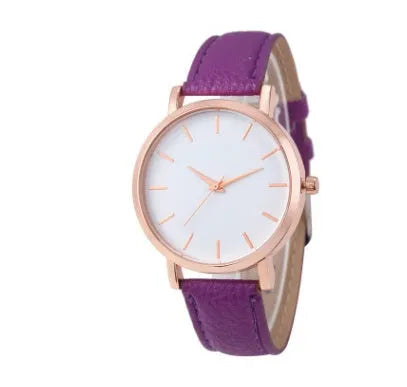 Square-faced quartz watch with a PU leather strap showing colour options on a white background.