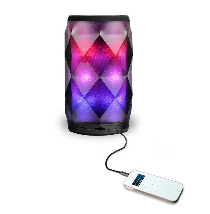 Black crystal diamond-cut Coke can shaped Bluetooth speaker with colourful lighting effects.