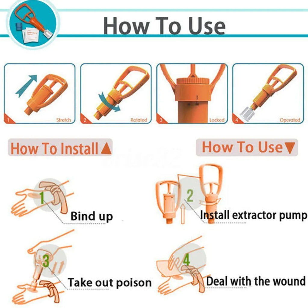 Orange portable venom extractor suction device kit open to show pump, suction cups, tourniquet and swabs.