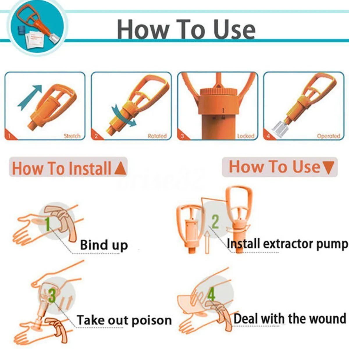 Orange portable venom extractor suction device kit open to show pump, suction cups, tourniquet and swabs.