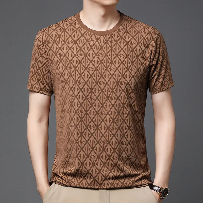Man wearing a black loose-fit jacquard short sleeve t-shirt made from cool Ice Silk fabric.