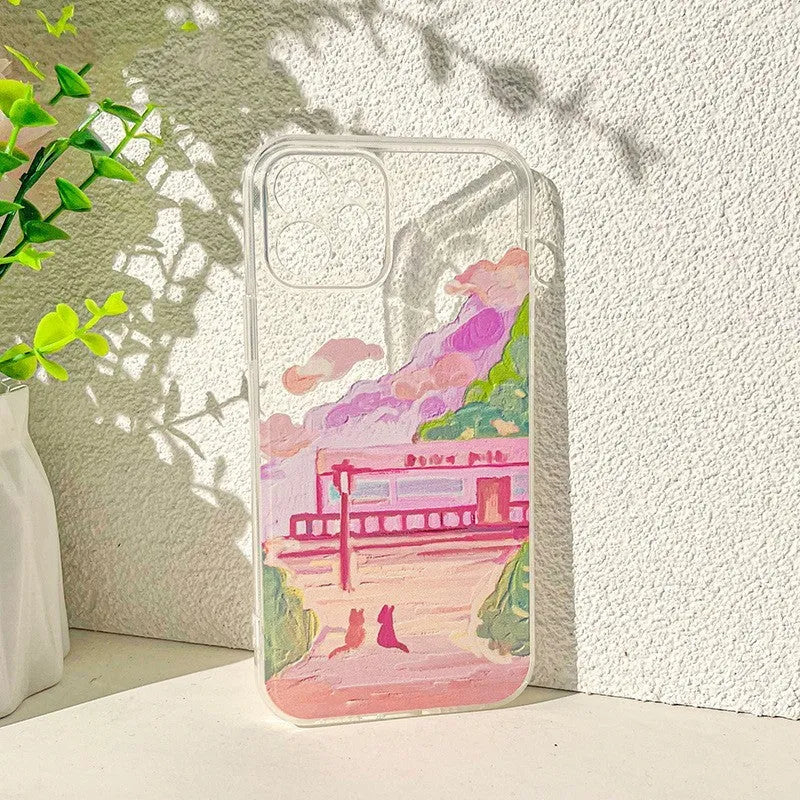 Soft silicone mobile phone case for iPhone featuring a colourful two-cat cartoon design on the back.