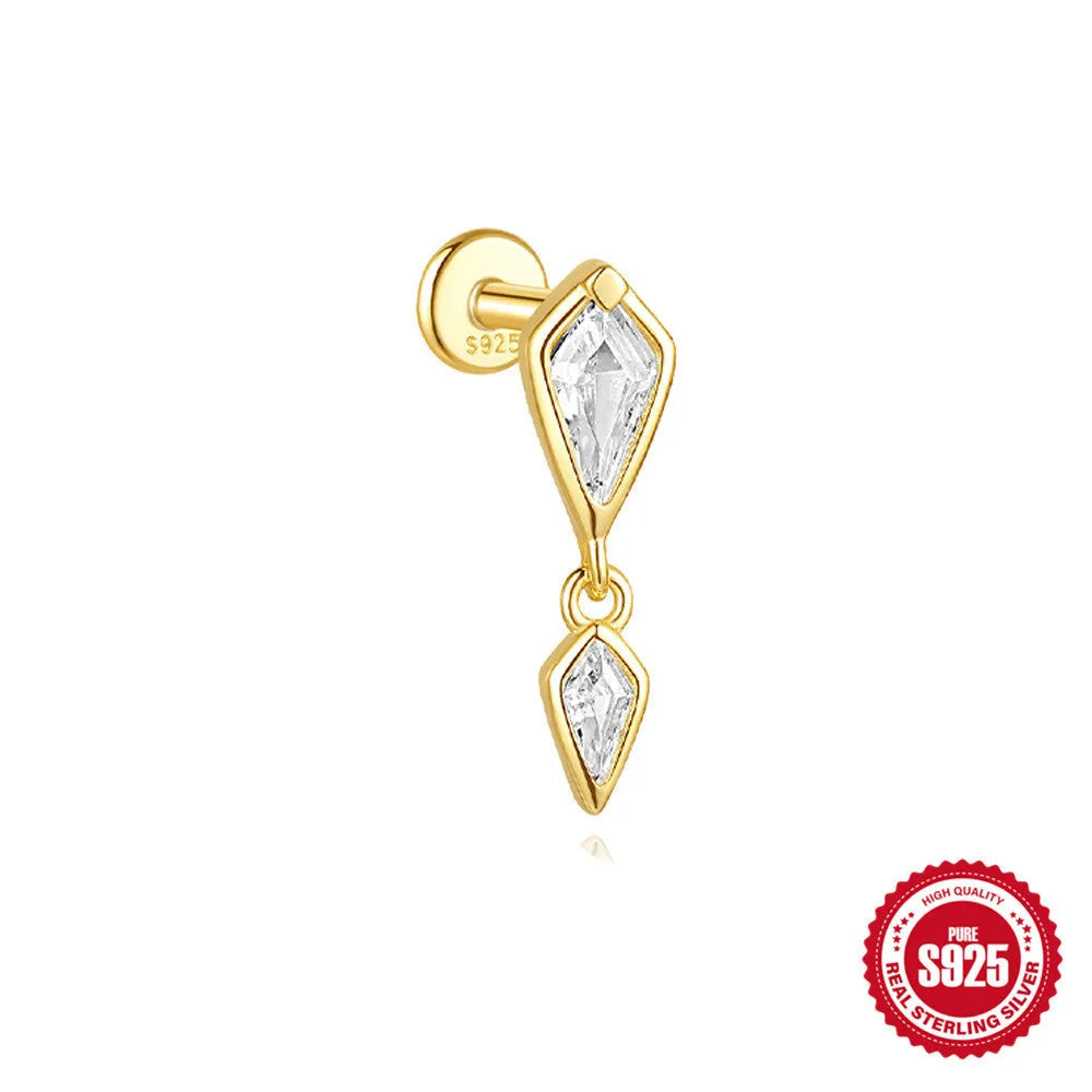 Geometric kite-shaped sterling silver earrings with a gold electroplated chain tassel featuring rhinestones.