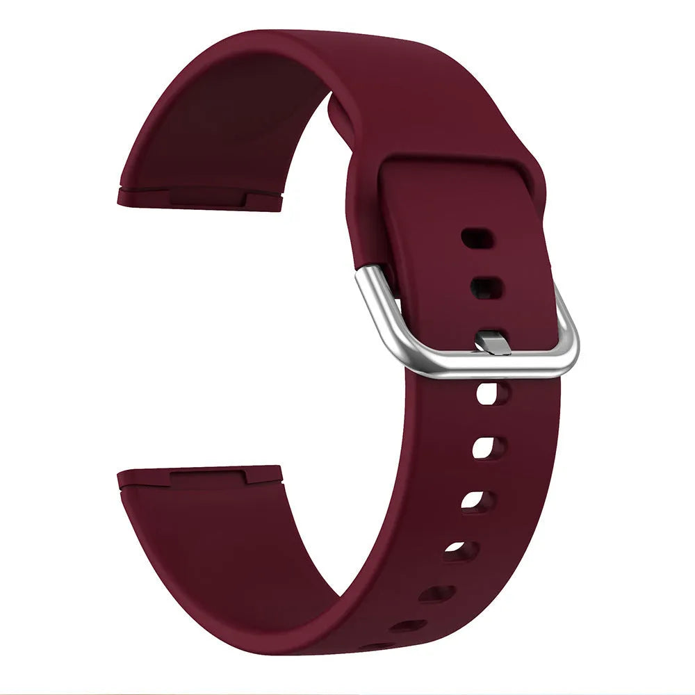 Solid colour silicone strap with silver buckle for Fitbit Versa 3 and Sense 2 watches.