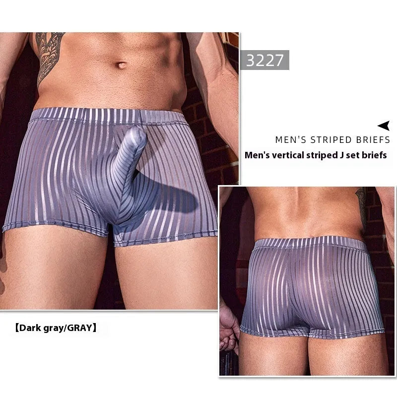 Men's striped nylon boxer briefs in black with vertical pattern design