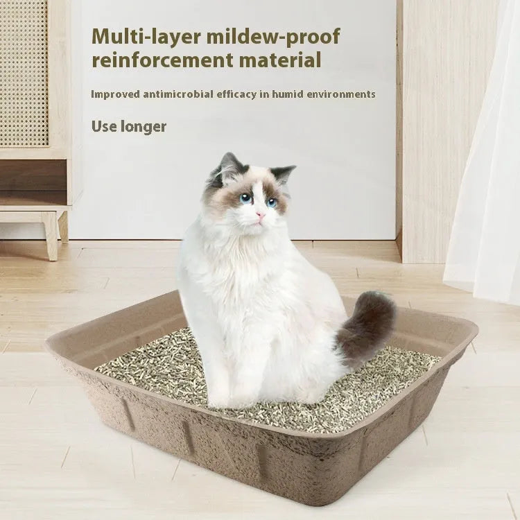 Brown biodegradable disposable cat litter box showing three size options.