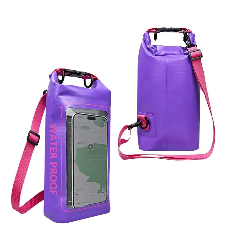 Army Green PVC waterproof crossbody bag with strap, shown in 2L and 5L sizes for swimming and beach use.