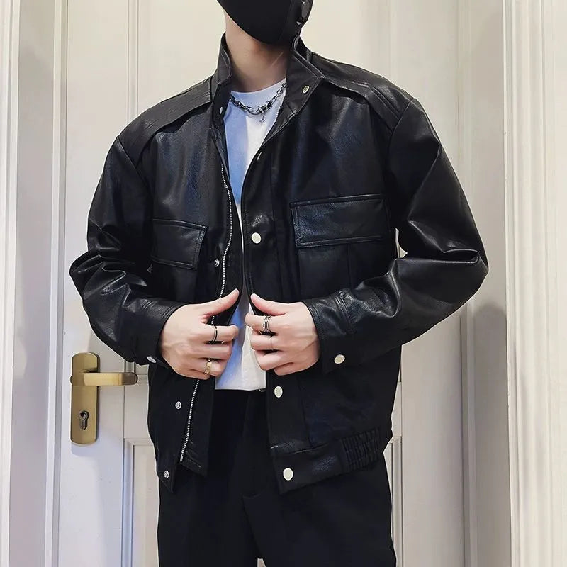Men's black Korean style pilot leather jacket with side seam pockets on a hanger.