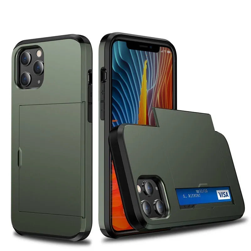iPhone 13 mobile phone wallet case with sliding card cover in multiple colour options