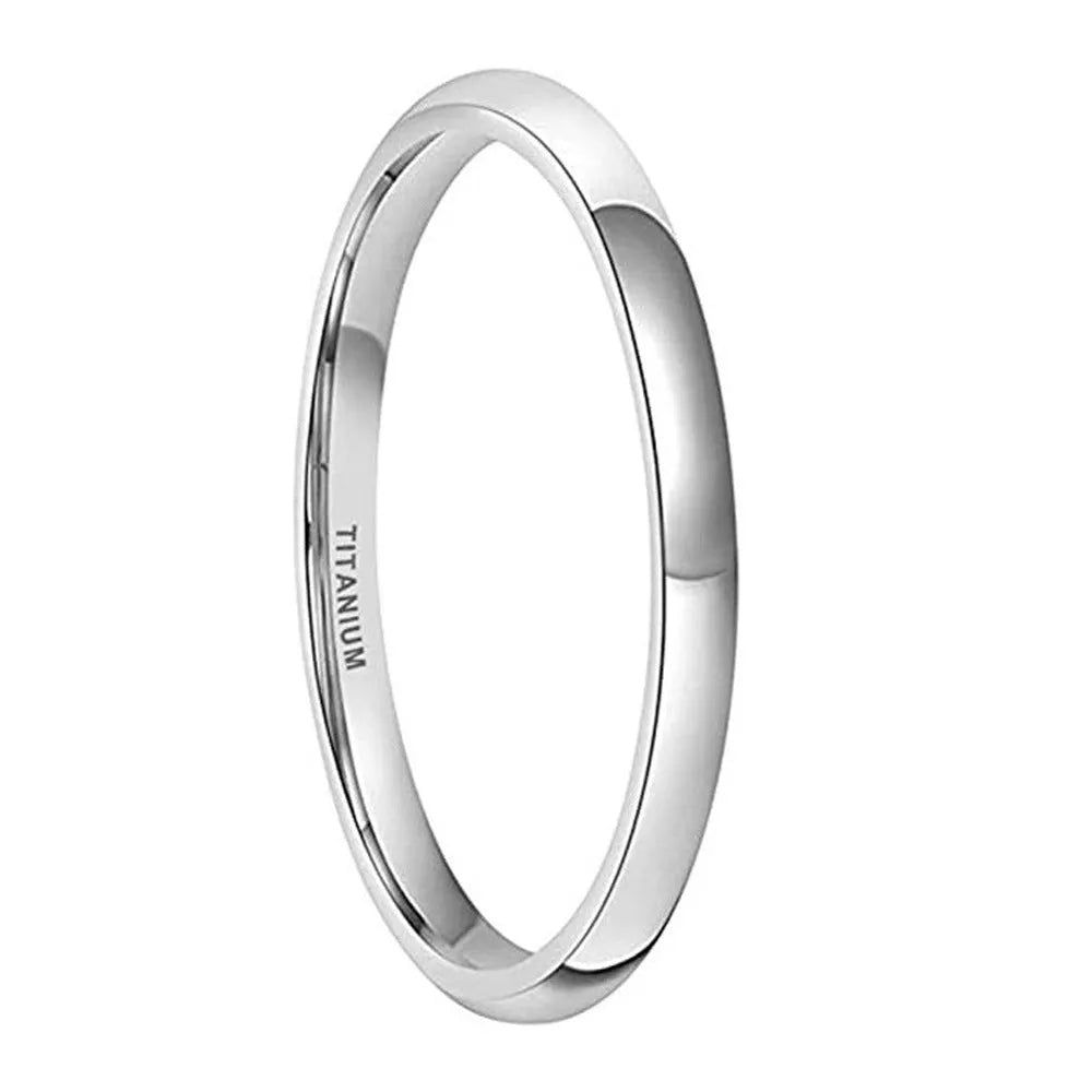 Silver titanium steel band ring shown in three widths: slim 2mm, standard 4mm, and wide 6mm on a plain background.