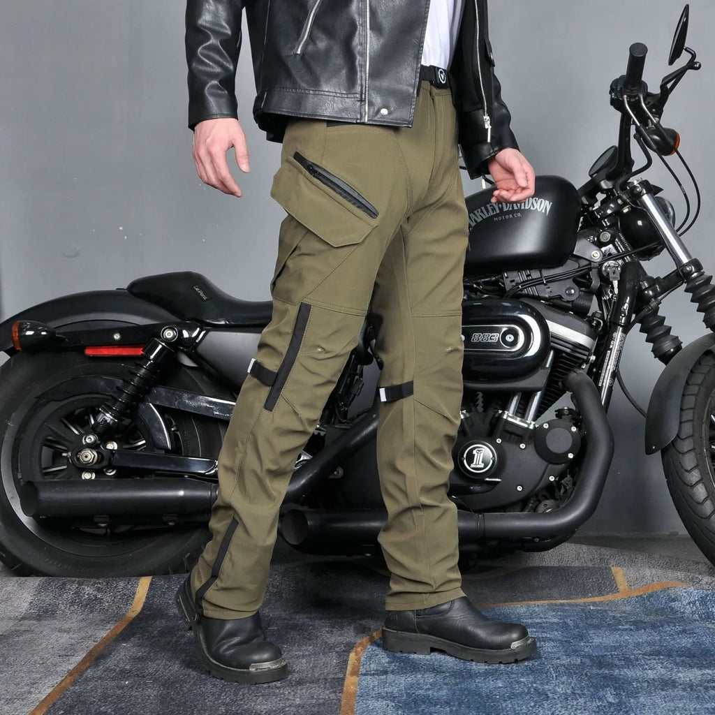 Men's black and green waterproof motorcycle cycling trousers with detachable protective gear set.