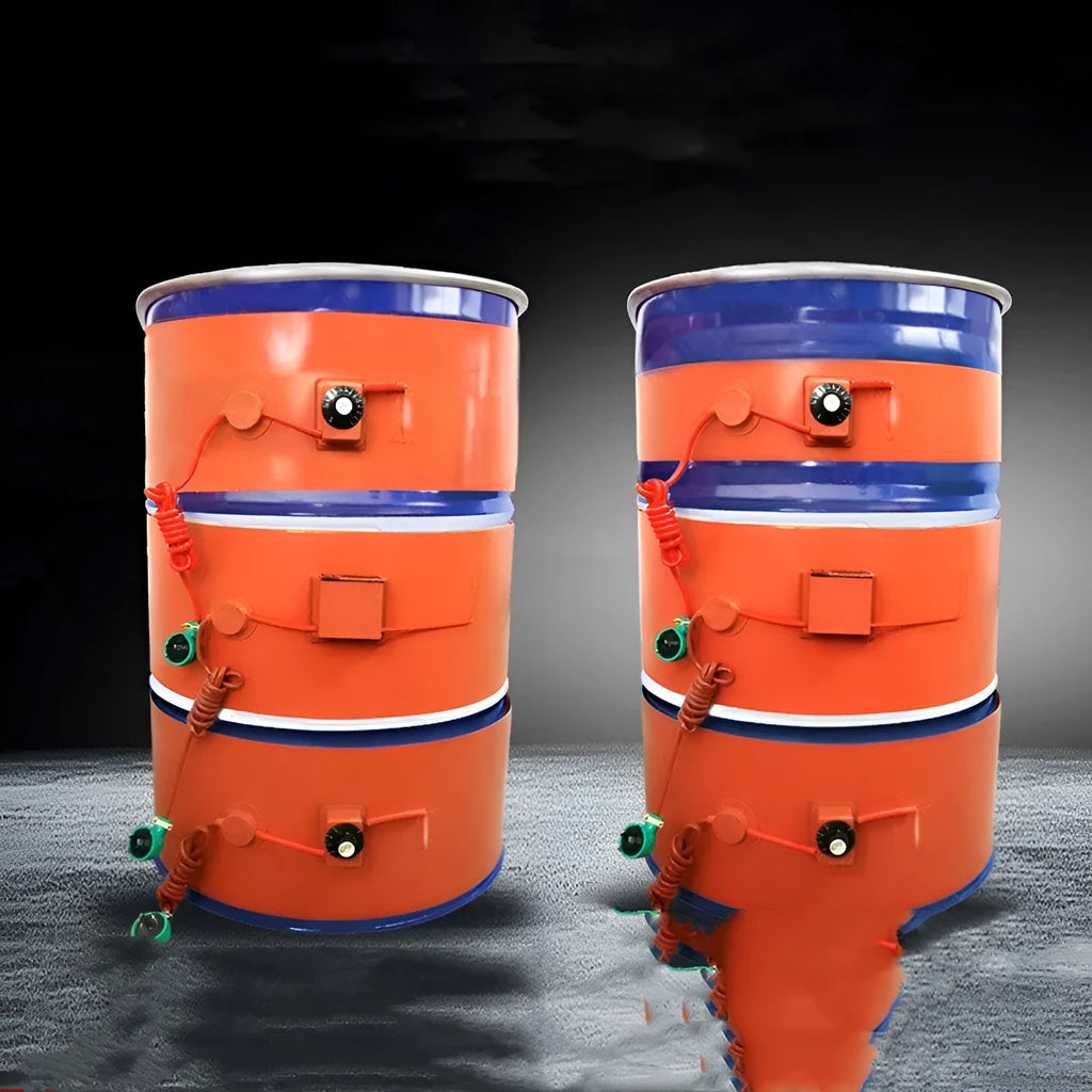 Silicone rubber heating belt wrapped around 200-litre oil drum with digital display control