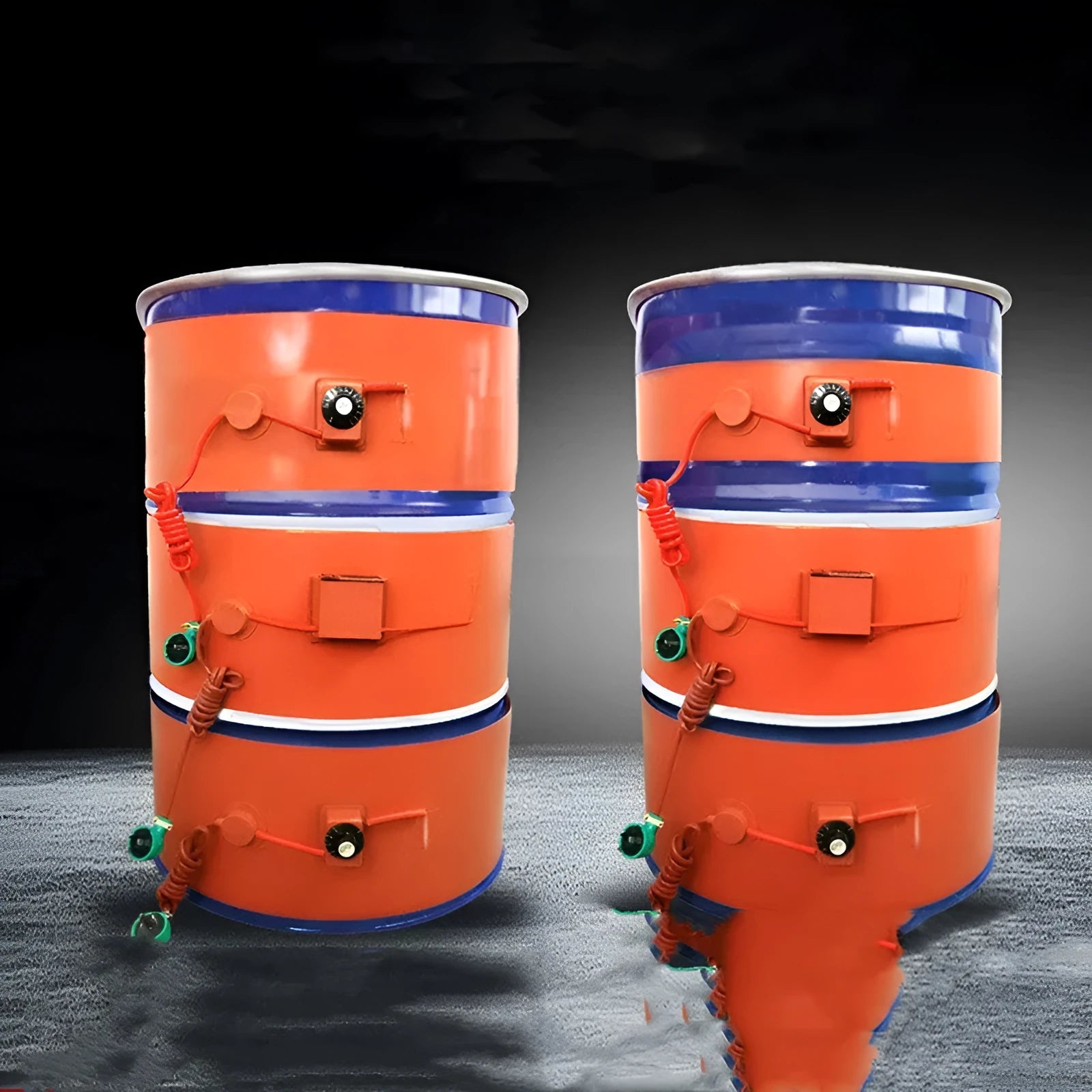Silicone rubber heating belt wrapped around 200-litre oil drum with digital display control