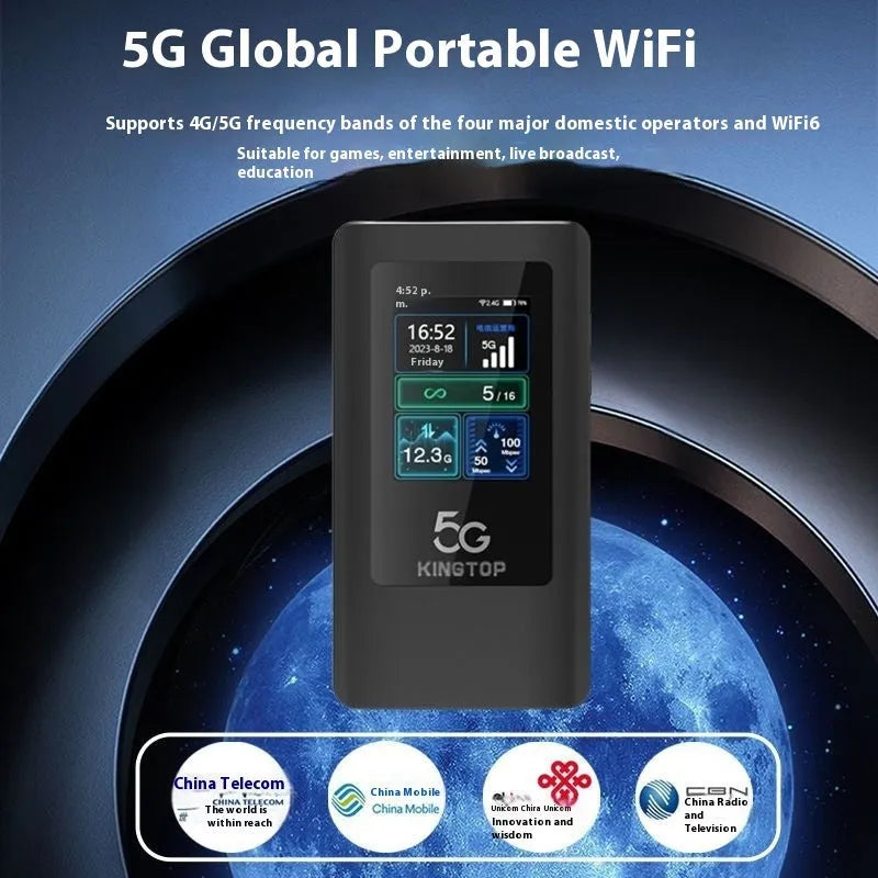 Black portable 5G Wi-Fi router with LCD display, showing dimensions of 125x70x17mm.