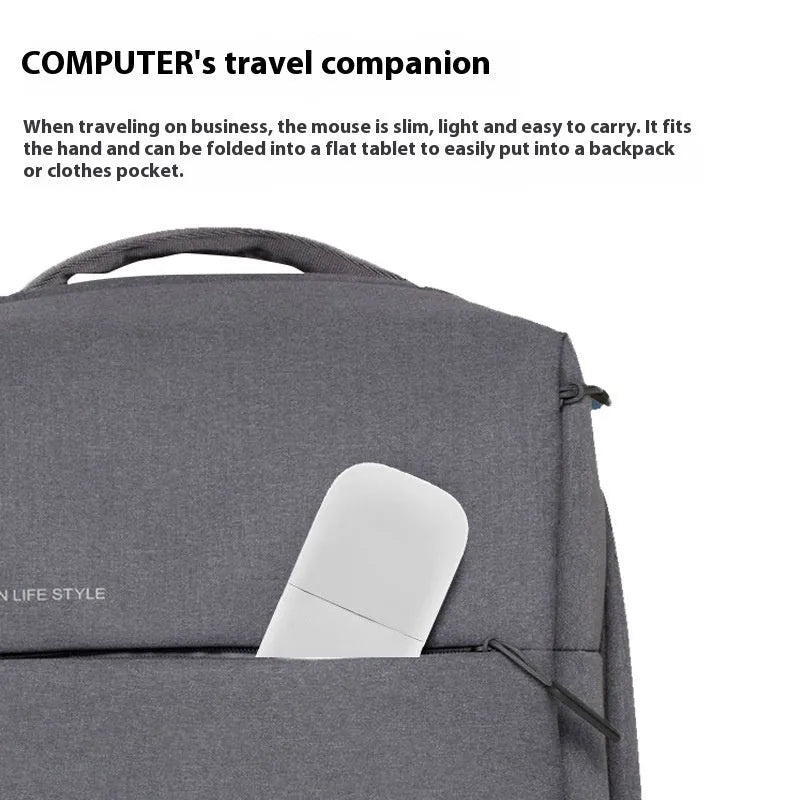 Black folding Bluetooth wireless mouse showing compact 14.5mm thickness beside unfolded 131.2mm measurement