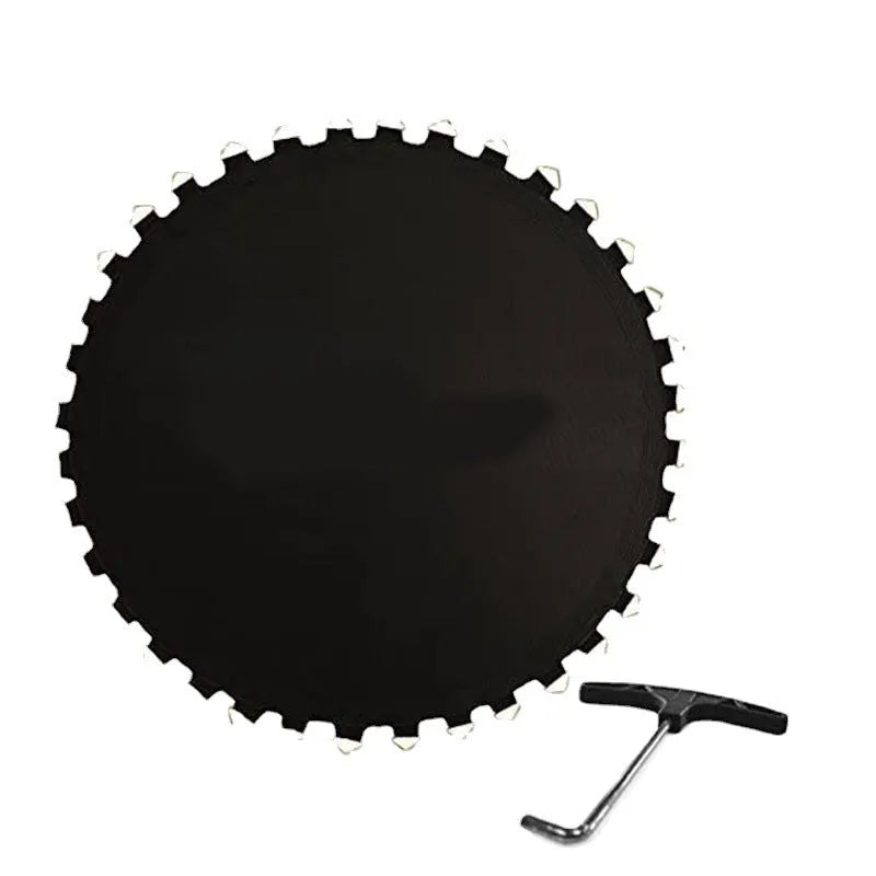 Round trampoline elastic fabric mat with button attachments for frame connection