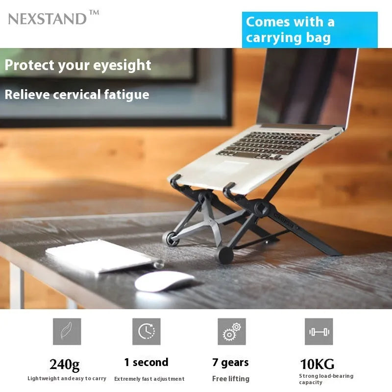 Sagacious black portable folding laptop bracket with carrying case shown at 40cm folded size