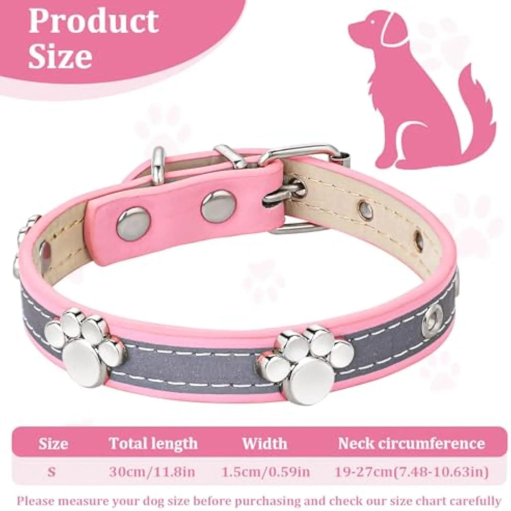 Reflective soft PU leather dog collar with metal paw-shaped rivets and adjustable buckle on a size chart.