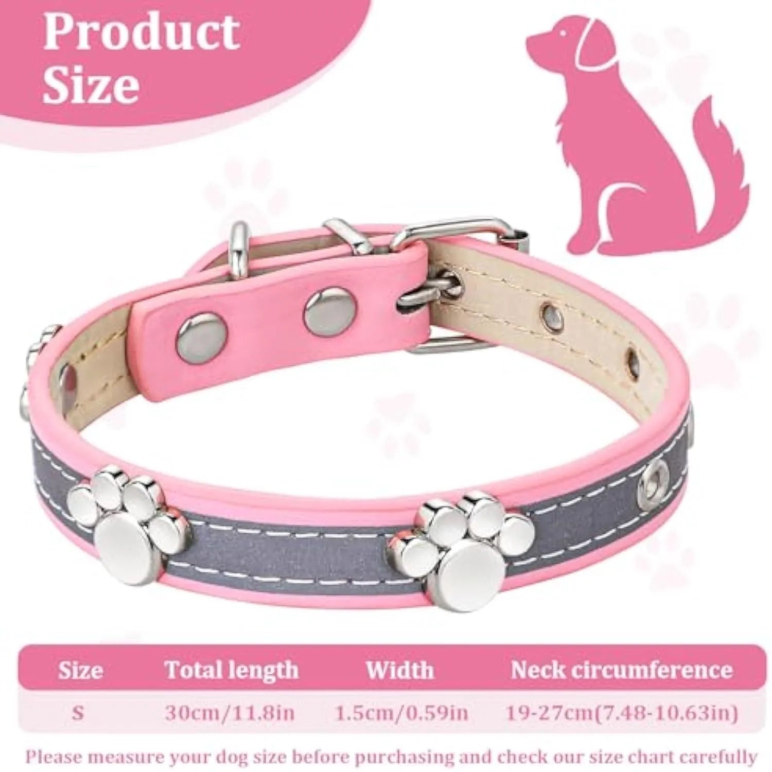 Reflective soft PU leather dog collar with metal paw-shaped rivets and adjustable buckle on a size chart.
