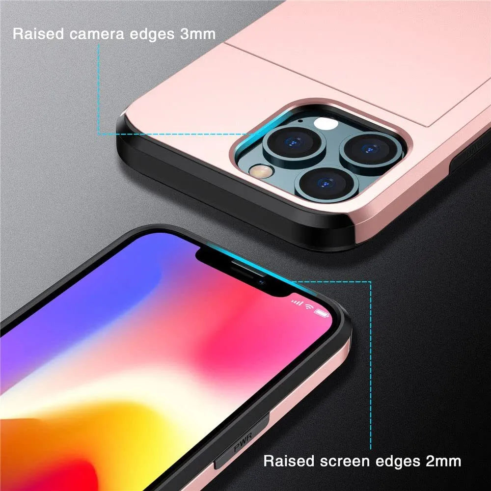 iPhone 13 mobile phone wallet case with sliding card cover in multiple colour options