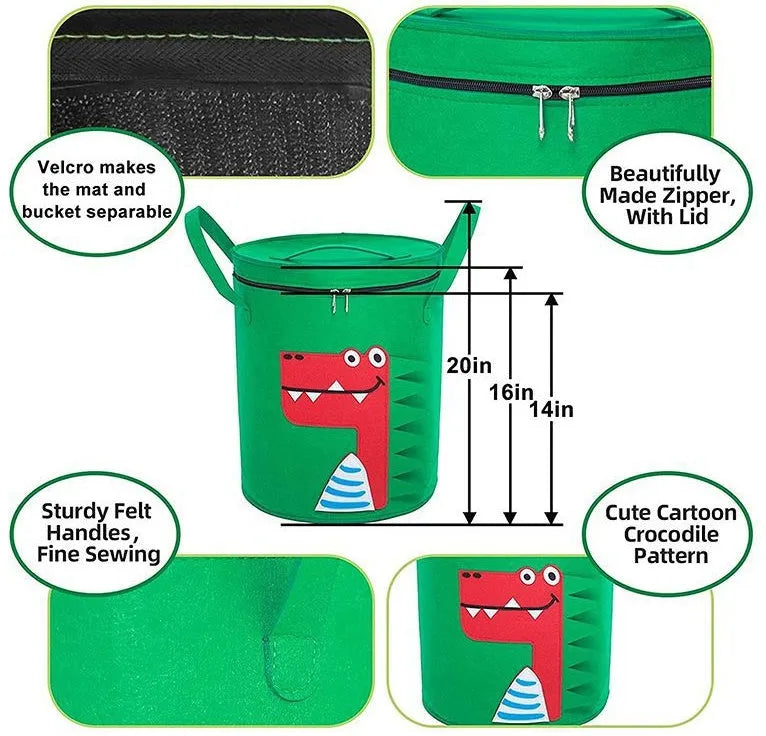 Green felt cube storage bag with pull rope, shown as a toy organiser and play mat.