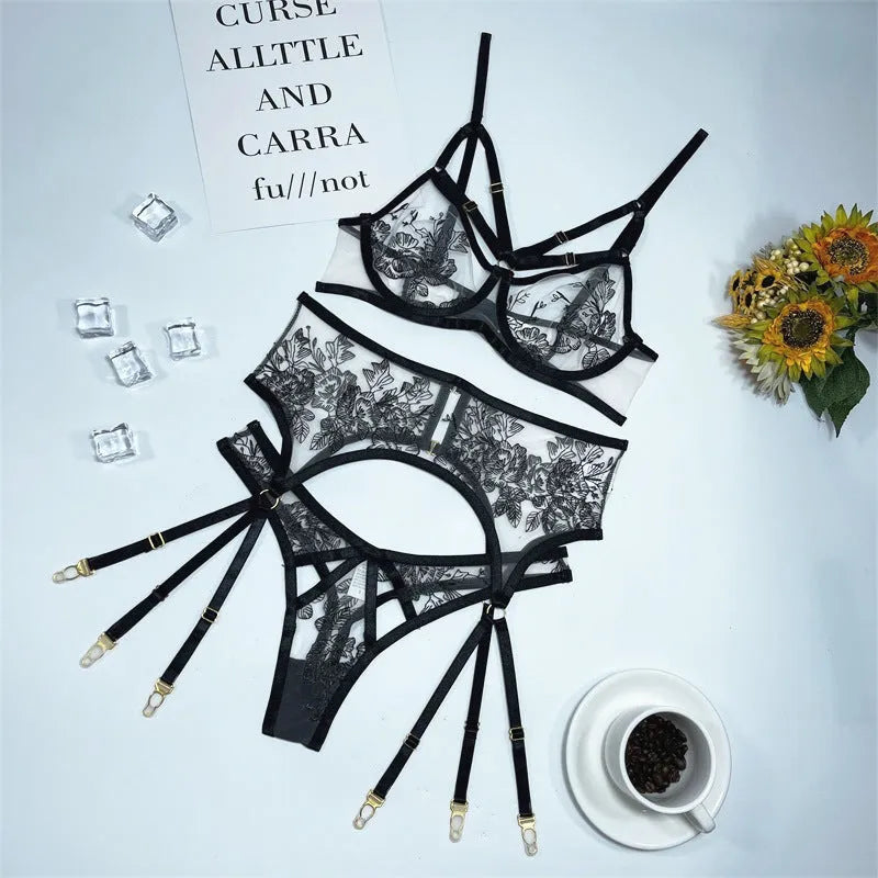 Black lace three-piece set for women including top, pants, and waist ring