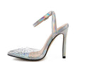 Women's pointed toe diamond sandals with stiletto heels on a white background.
