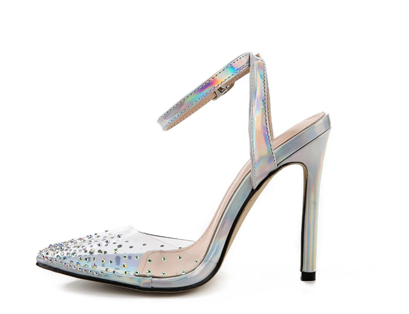 Women's pointed toe diamond sandals with stiletto heels on a white background.