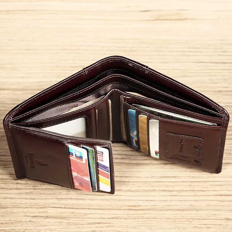 Men's leather wallet showing internal organisation compartments for cards, cash and coins