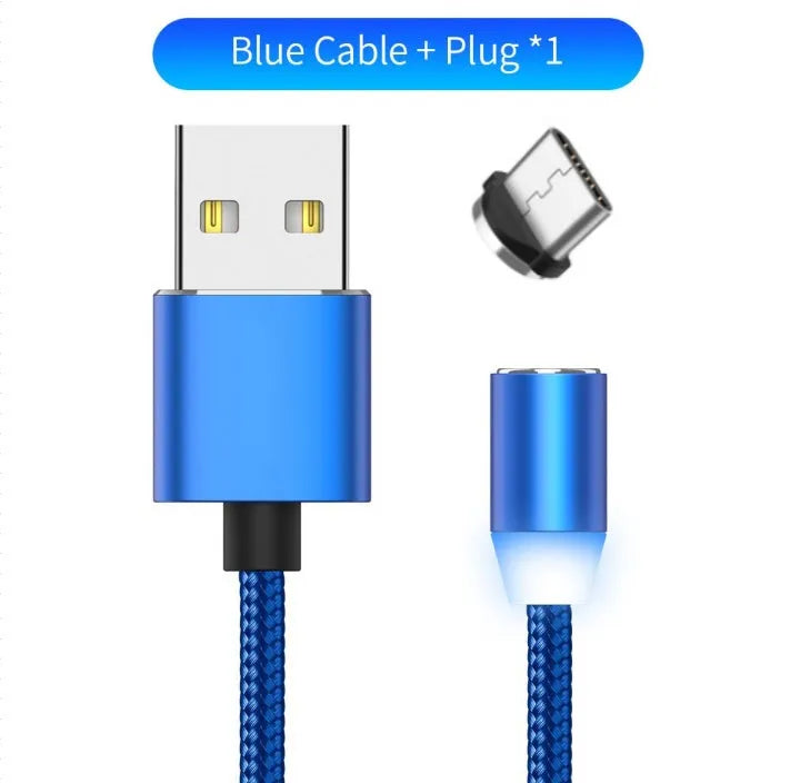 YBD black magnetic LED charging cable with cotton weave, aluminium shell, and LED light shown next to a smartphone.
