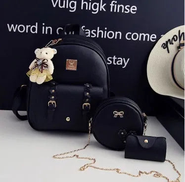 Women's 3-piece leather bag set with floral designs including backpack, shoulder bag and card wallet
