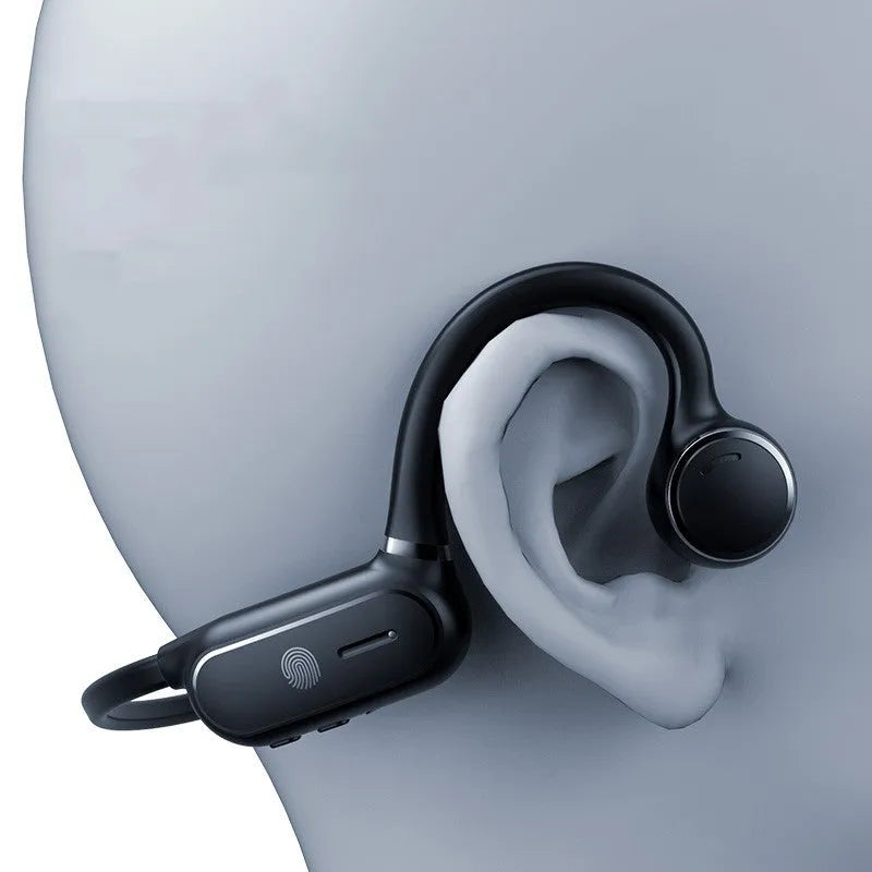 Black air conduction wireless earphones with titanium frame showing ergonomic ear-hanging design