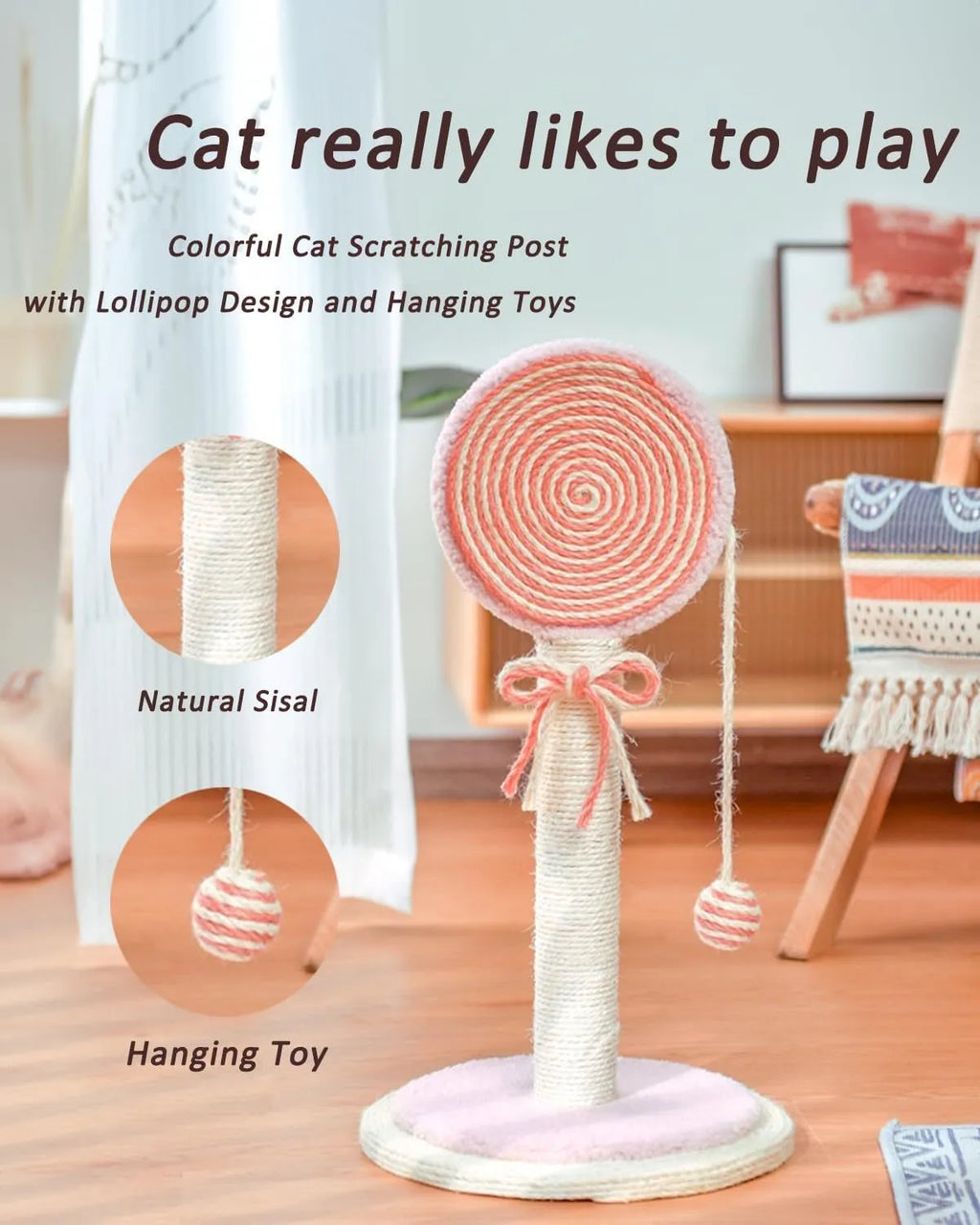 Blue cat scratching post with natural sisal rope and hanging ball toy on sturdy wood base