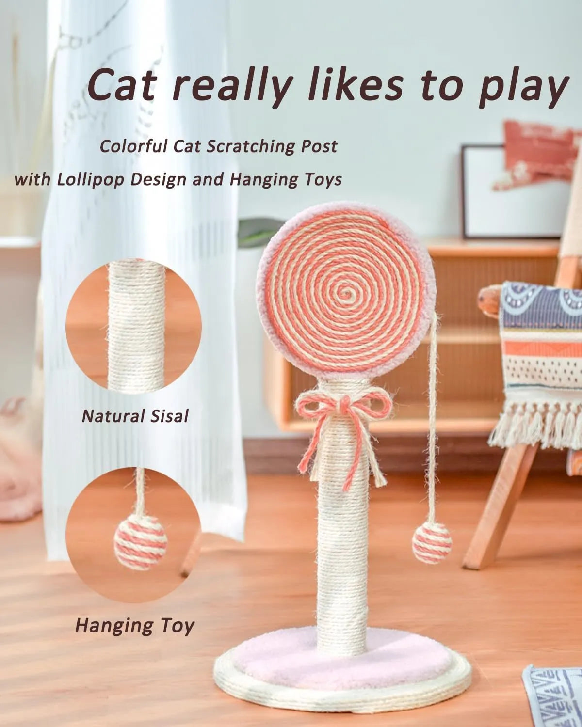 Blue cat scratching post with natural sisal rope and hanging ball toy on sturdy wood base