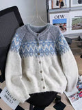 Women's contrast colour jacquard thickened sweater coat in loose fit.
