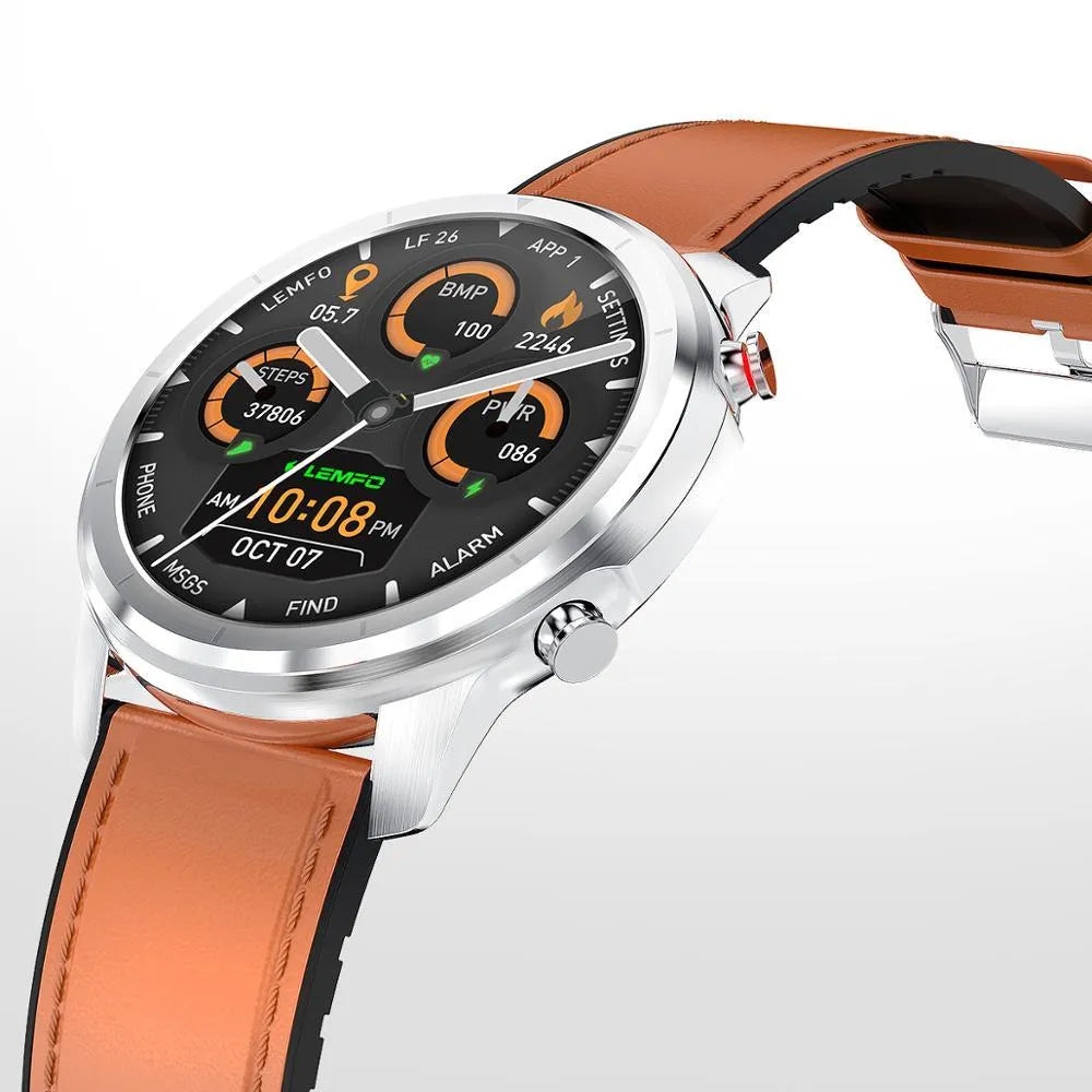 LEMFO LF26 smart bracelet showing its 1.3-inch screen, worn on a wrist, available in black, brown silver, and silver colours.