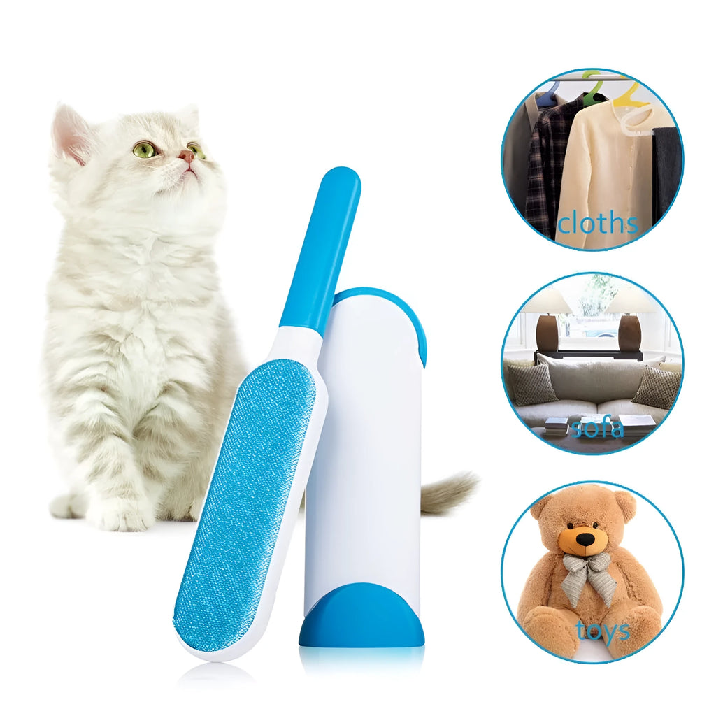 Blue reusable pet hair removal brush with self-cleaning base for furniture and clothing